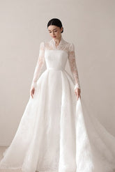 Elegant Princess A-Line Lace Ball Gown Wedding Dresses With Long Sleeves